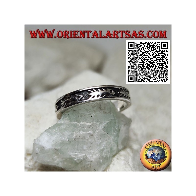 Silver ring with fish bones in bas-relief