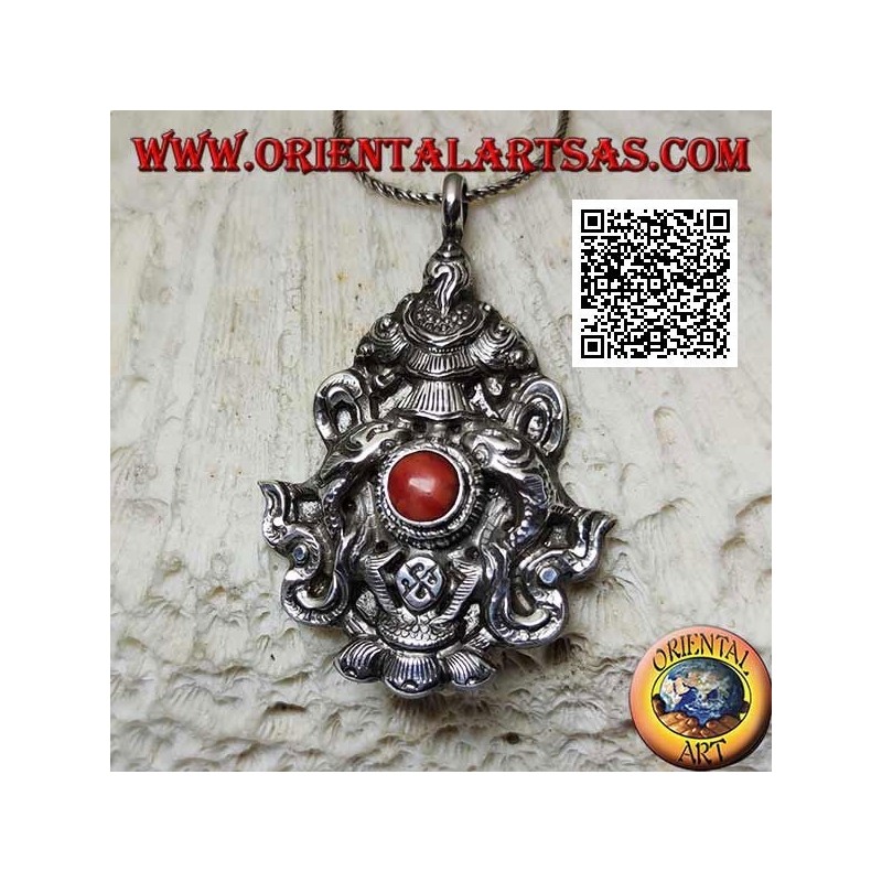 Aṣṭamaṃgala silver pendant "the eight auspicious symbols" with coral (large)