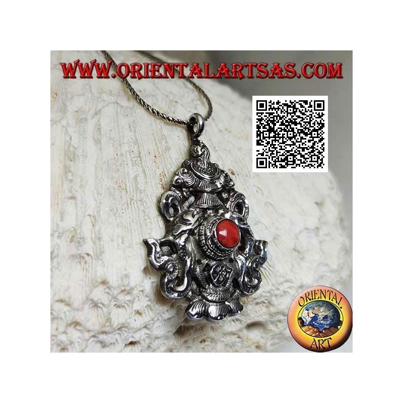 Ciondolo in argento Aṣṭamaṃgala "gli otto simboli del buon auspicio" con corallo (grande)