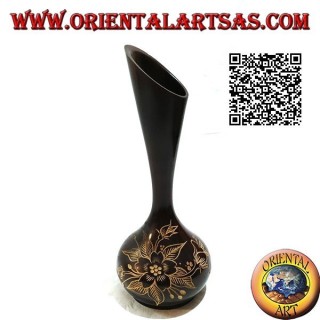 Vaso portafiori ad ampolla alta con decoro floreale inciso a mano in legno di mogano da 30 cm