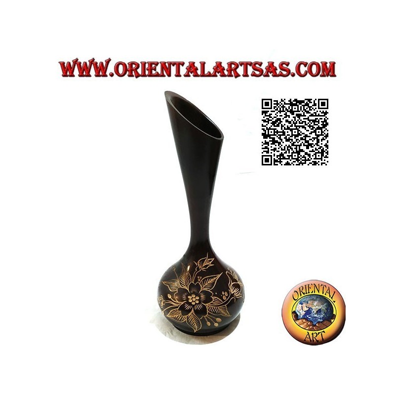 Hochampullenblumenvase mit handgravierter Blumendekoration aus Mahagoniholz ​​30 cm