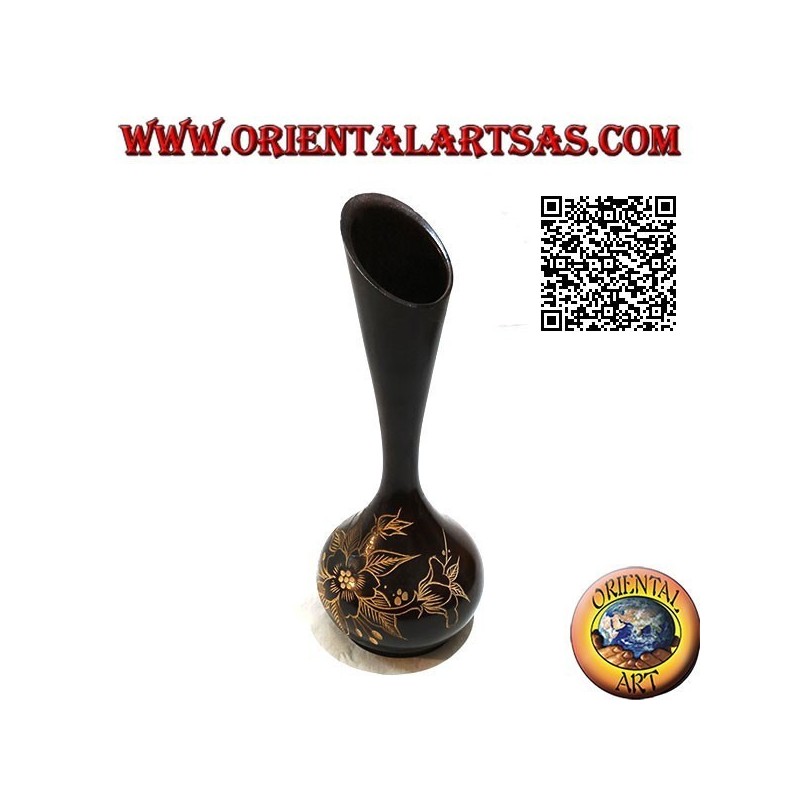 Vaso portafiori ad ampolla alta con decoro floreale inciso a mano in legno di mogano da 30 cm