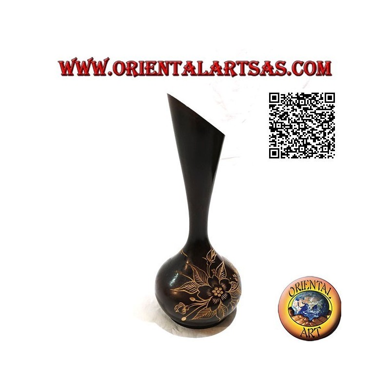 High ampoule flower vase with hand-engraved floral decoration in mahogany wood 30 cm