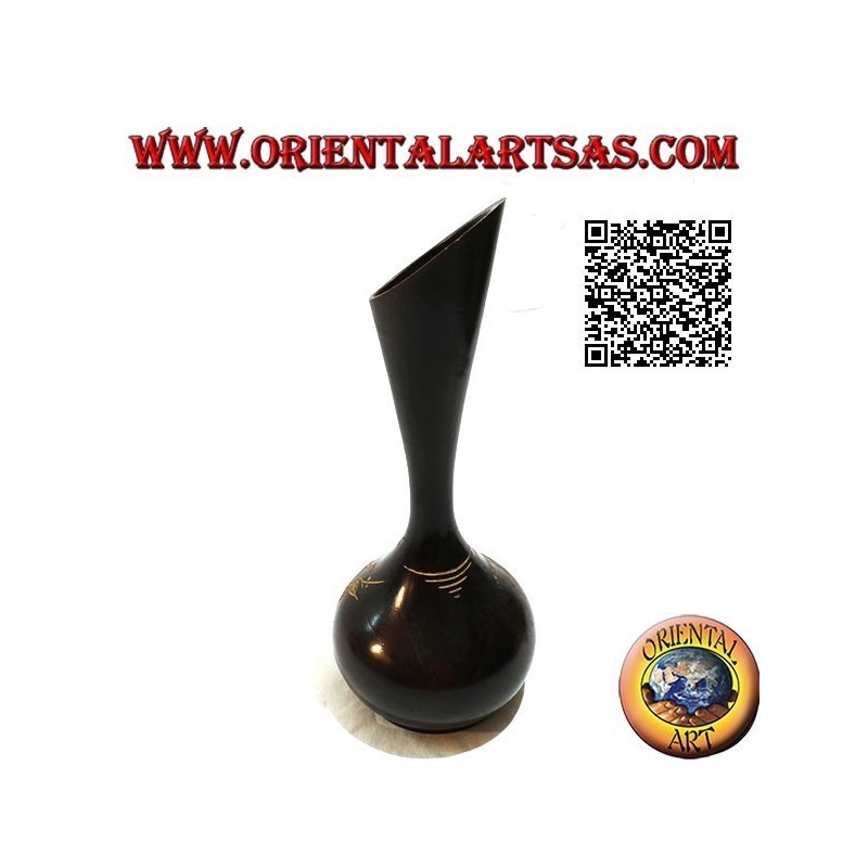 Vaso portafiori ad ampolla alta con decoro floreale inciso a mano in legno di mogano da 30 cm