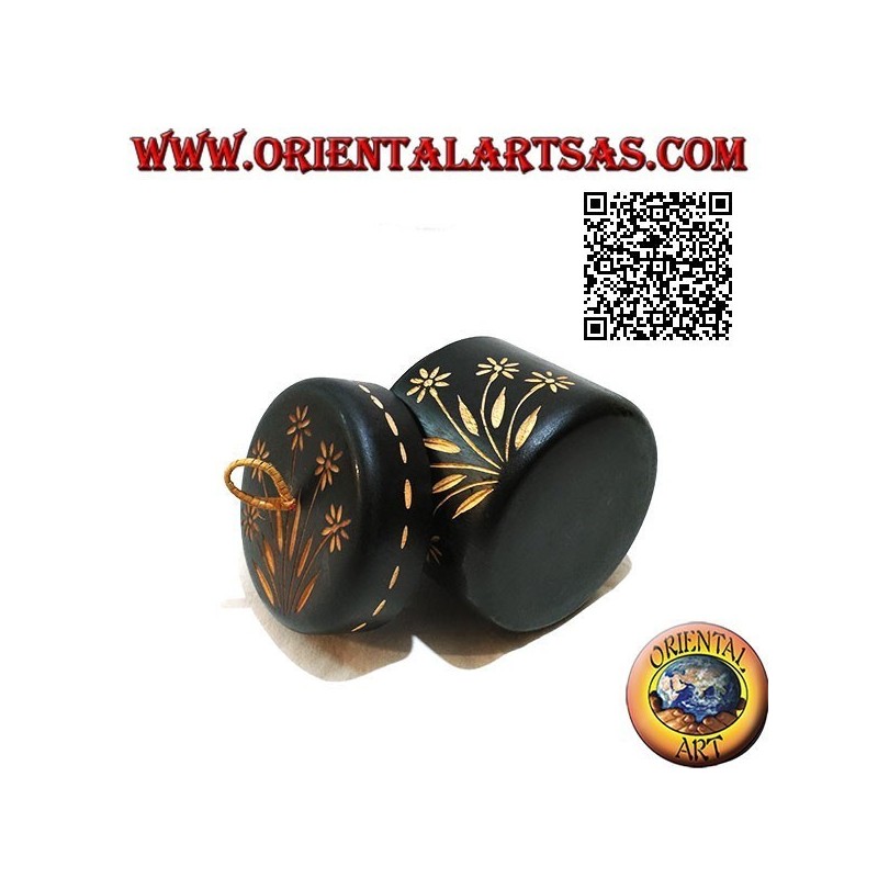 Cylindrical jar box with hand-carved floral decorations in mahogany wood