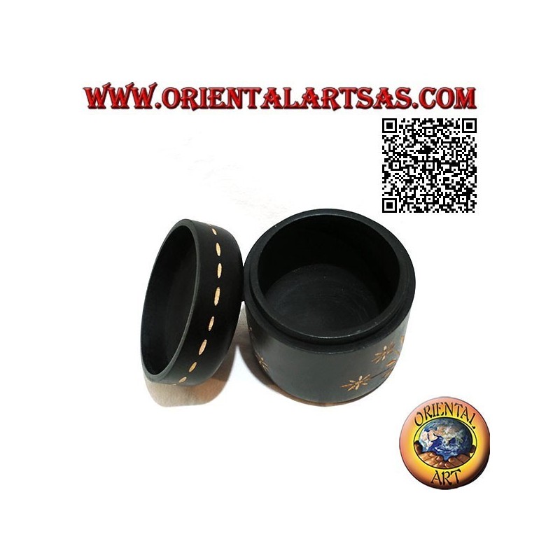 Cylindrical jar box with hand-carved floral decorations in mahogany wood