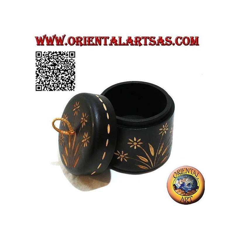 Cylindrical jar box with hand-carved floral decorations in mahogany wood