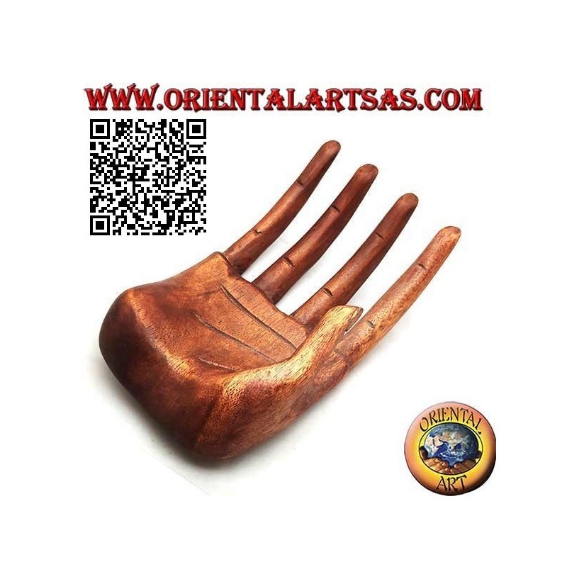 Présentoir de sculpture pour bijoux "main ouverte" en bois de suar 21 cm