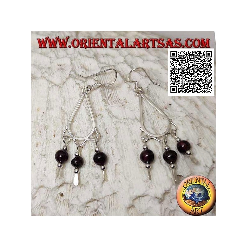 Pendants d'oreilles en argent avec 3 boules de grenat pendantes