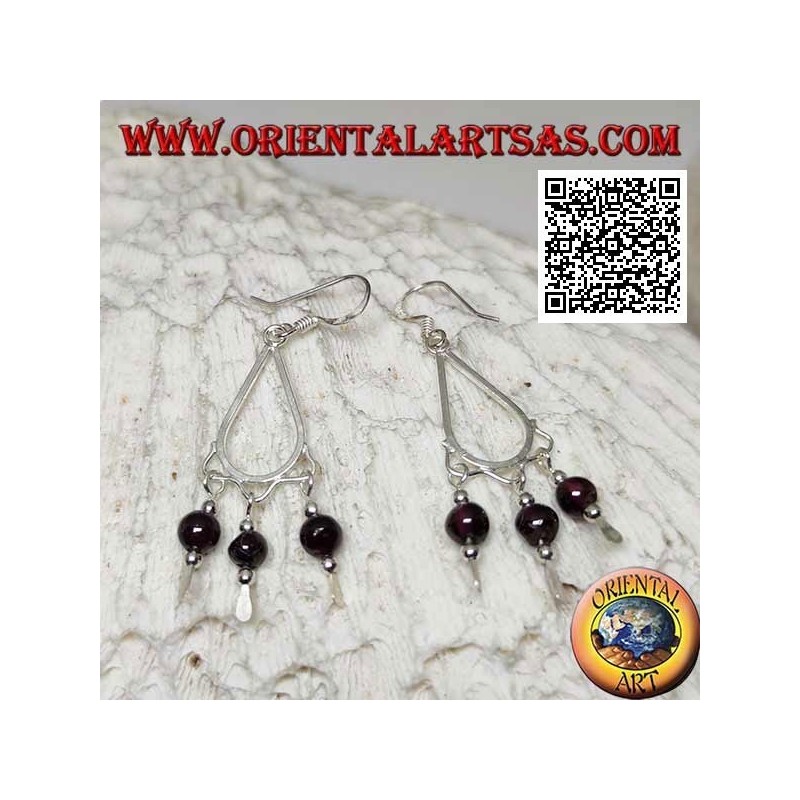 Pendientes colgantes de plata con 3 bolas de granate colgantes