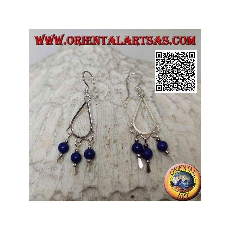 Drop earrings in silver with 3 hanging lapis lazuli spheres