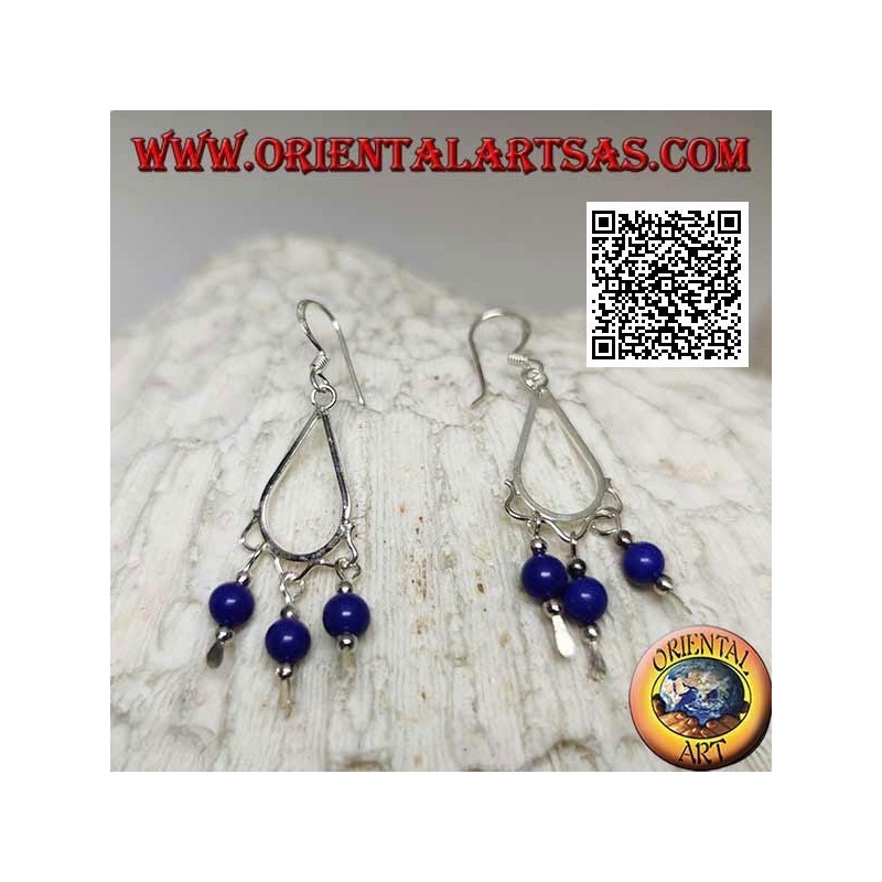 Drop earrings in silver with 3 hanging lapis lazuli spheres
