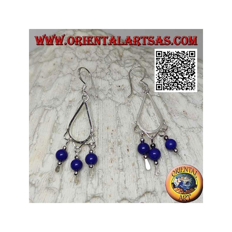 Drop earrings in silver with 3 hanging lapis lazuli spheres