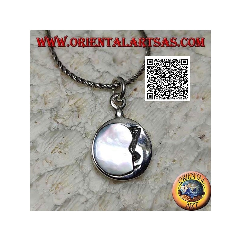 Pendentif rond en argent avec lune décroissante embrassée en nacre