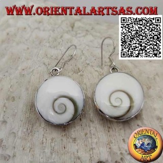 Boucles d'oreilles pendantes en argent avec coquillage rond "oeil de Sainte Lucie" sur monture lisse