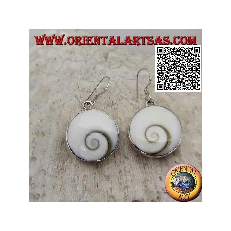 Silver pendant earrings with round "eye of Saint Lucia" shell on smooth setting