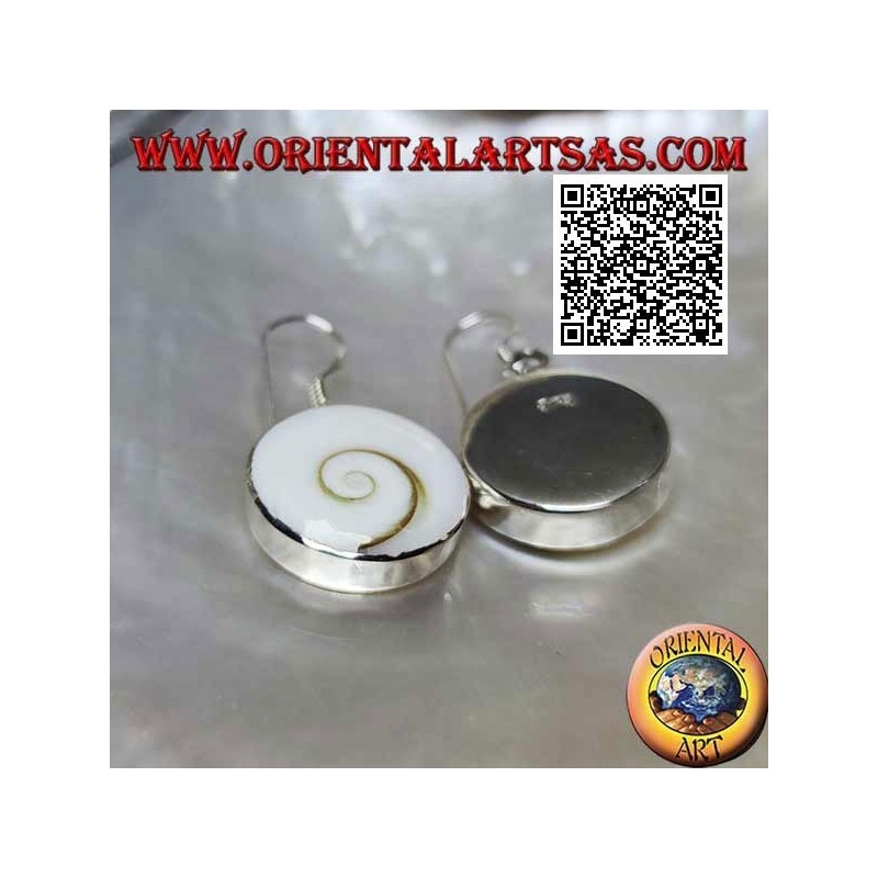 Silver pendant earrings with round "eye of Saint Lucia" shell on smooth setting