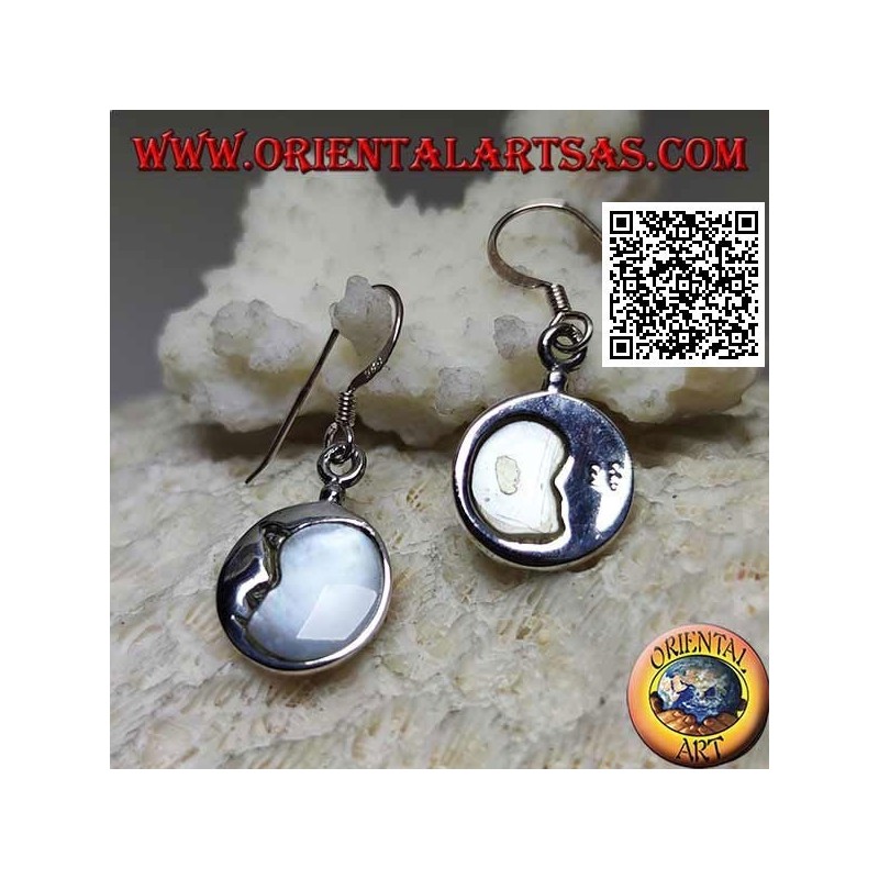 Round silver pendant earrings crescent moon embraced with mother of pearl