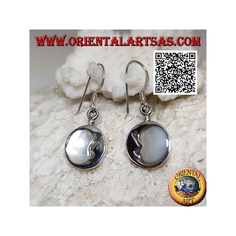 Round silver pendant earrings crescent moon embraced with mother of pearl
