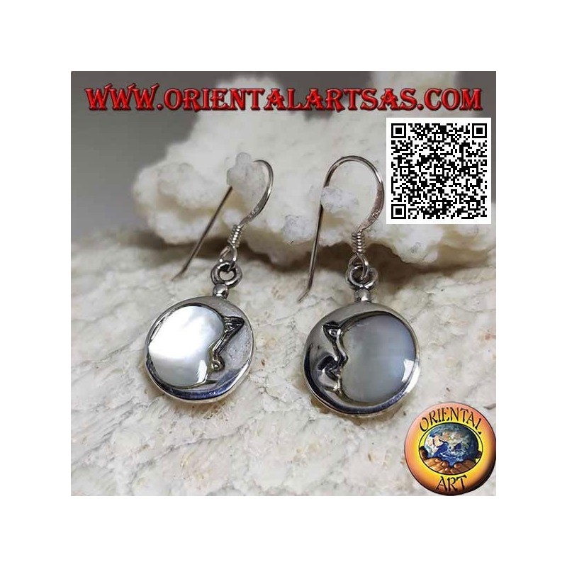 Round silver pendant earrings crescent moon embraced with mother of pearl
