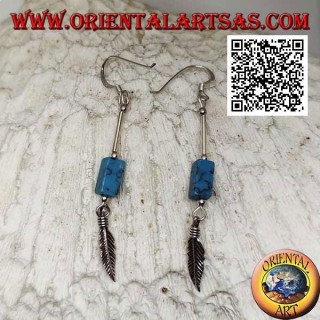 Pendientes colgantes de plata con paralelepípedo de turquesa y pluma