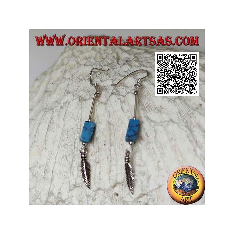 Silver pendant earrings with parallelepiped of turquoise and feather