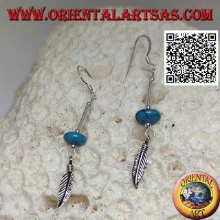 Boucles d'oreilles pendantes en argent avec beignet turquoise et plume