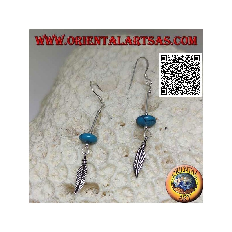 Pendientes colgantes de plata con rosquilla turquesa y pluma
