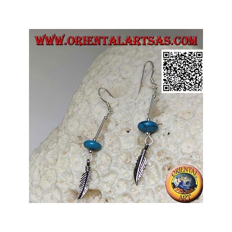 Pendientes colgantes de plata con rosquilla turquesa y pluma