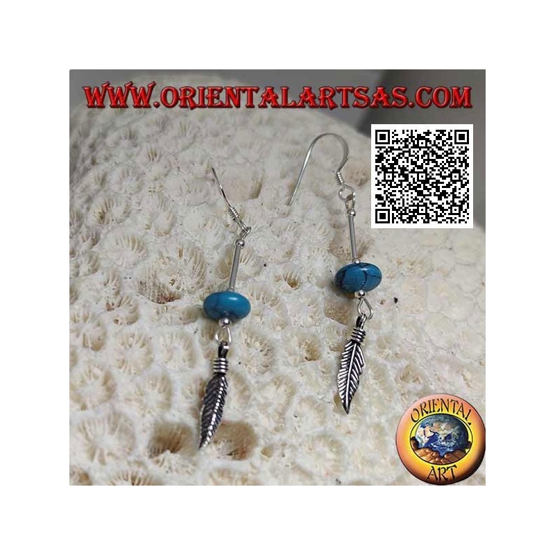 Pendientes colgantes de plata con rosquilla turquesa y pluma