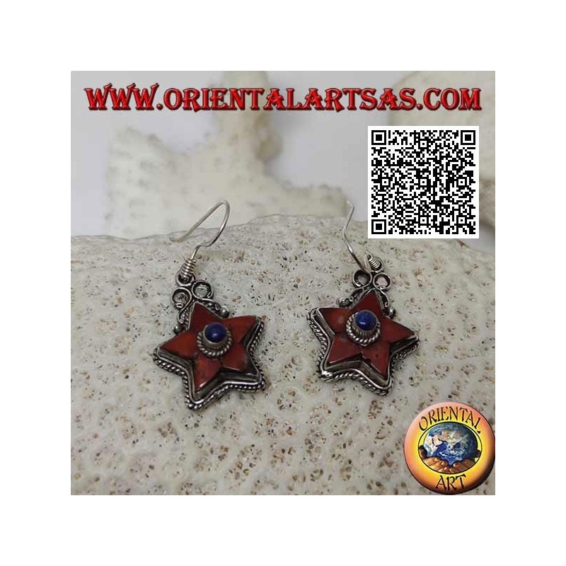 Silver earrings with antique natural coral star and central lapis lazuli surrounded by weaving