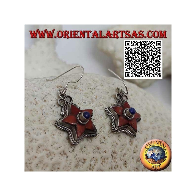 Silver earrings with antique natural coral star and central lapis lazuli surrounded by weaving