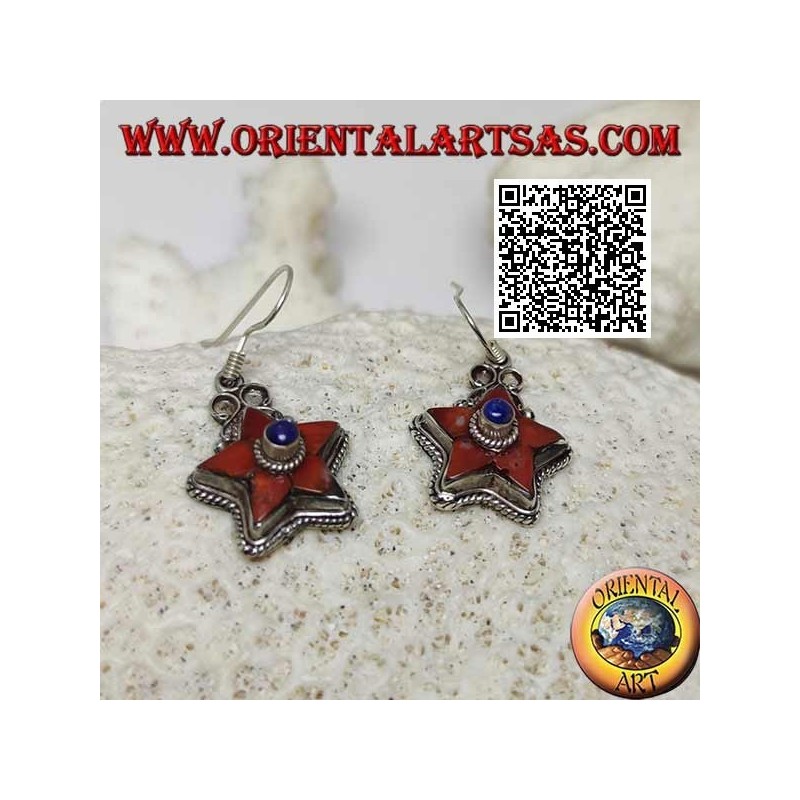Pendientes de plata con estrella de coral natural antigua y lapislázuli central rodeados de tejido