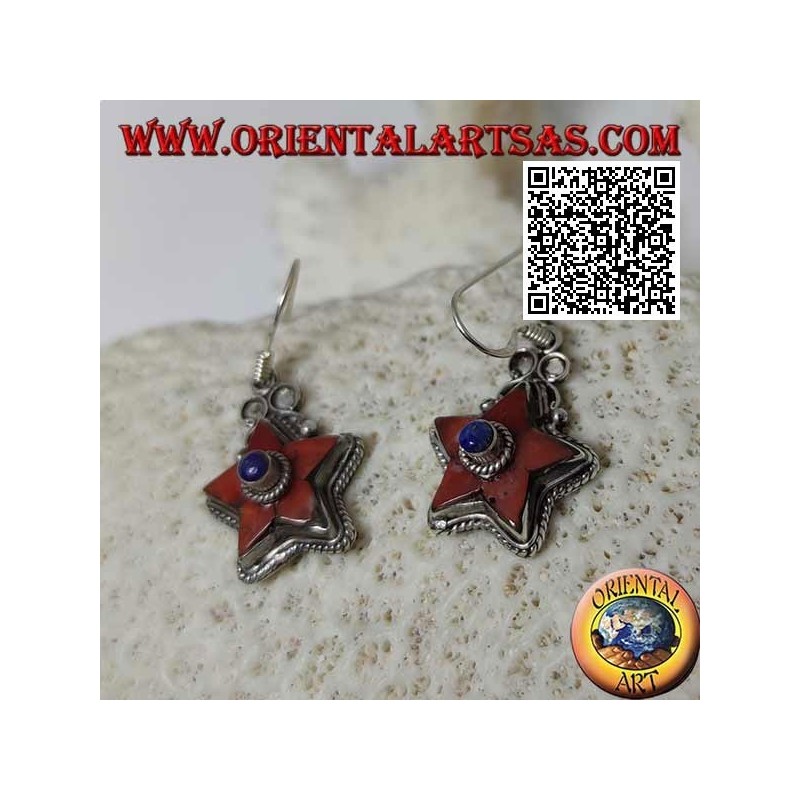 Boucles d'oreilles en argent avec étoile de corail naturel antique et lapis-lazuli central entouré de tissage