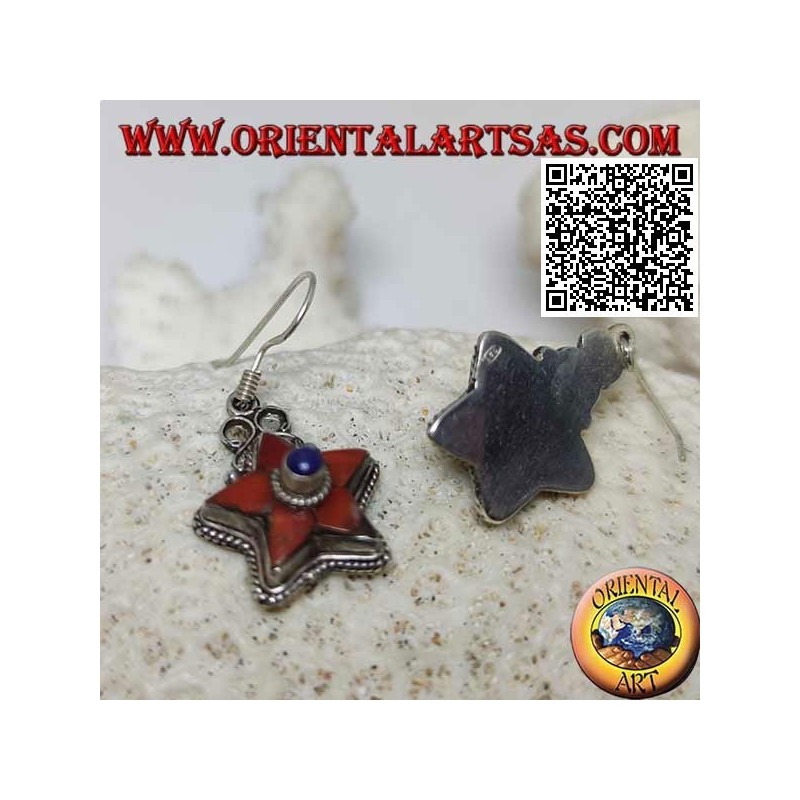 Orecchini in argento con stella di corallo naturale antico e lapislazzulo centrale contornata da intreccio