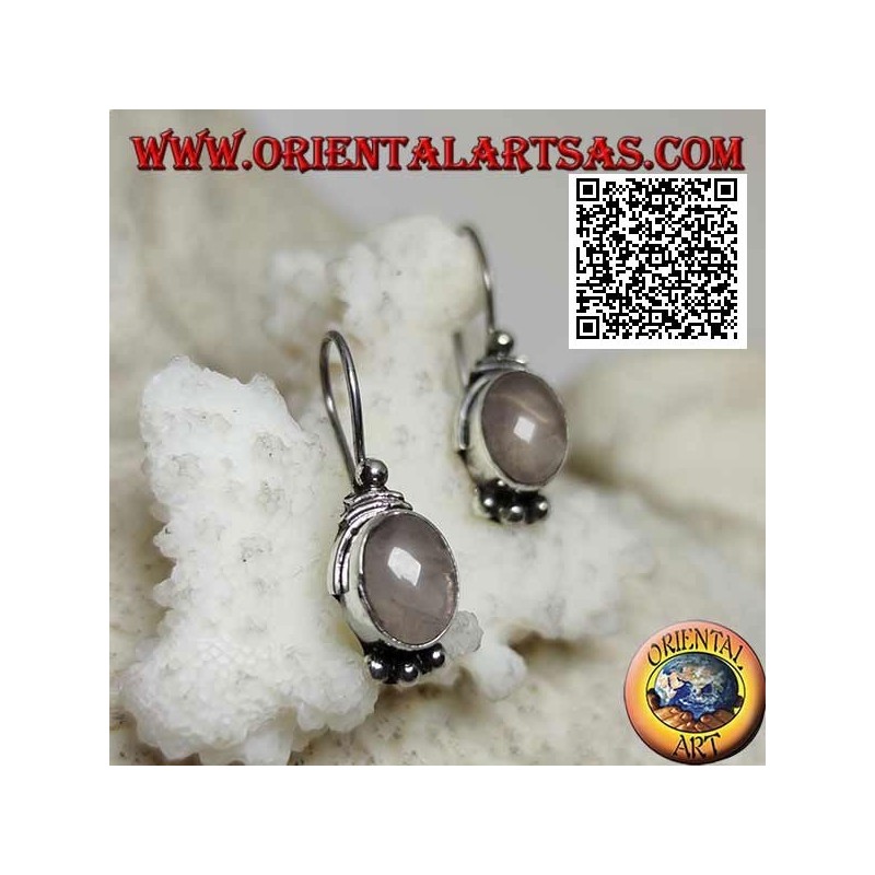 Silver earrings with rose quartz on a smooth setting with balls above and below