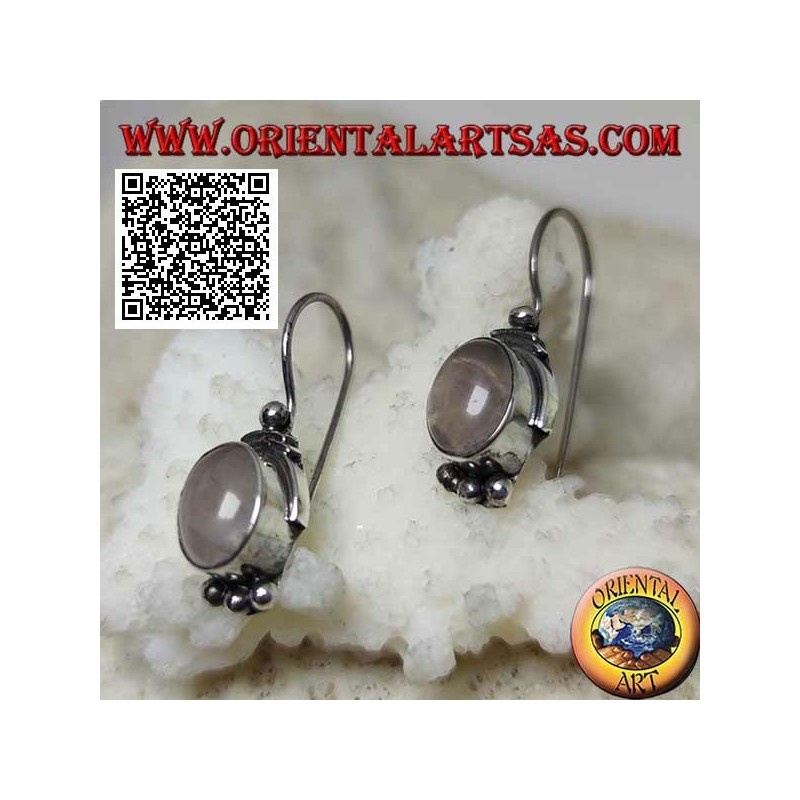 Silver earrings with rose quartz on a smooth setting with balls above and below
