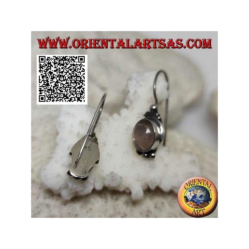 Silver earrings with rose quartz on a smooth setting with balls above and below