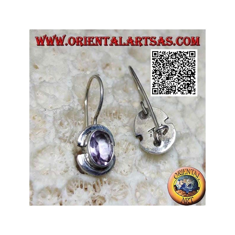 Silver earrings with natural oval amethyst on a smooth frame with a broken edge