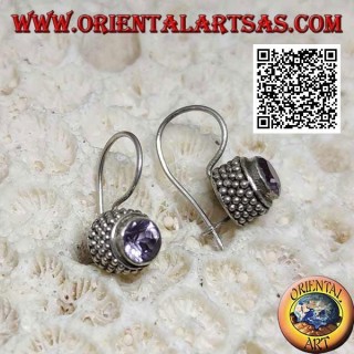 Silver earrings with natural round amethyst with border of four rows of balls