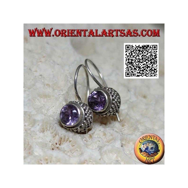 Silver earrings with natural round amethyst with border of four rows of balls