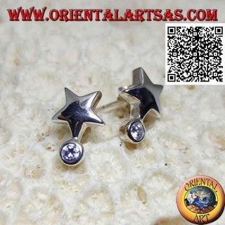 Orecchini in argento da lobo a forma di stella liscia e spessa con sotto un zircone bianco tondo