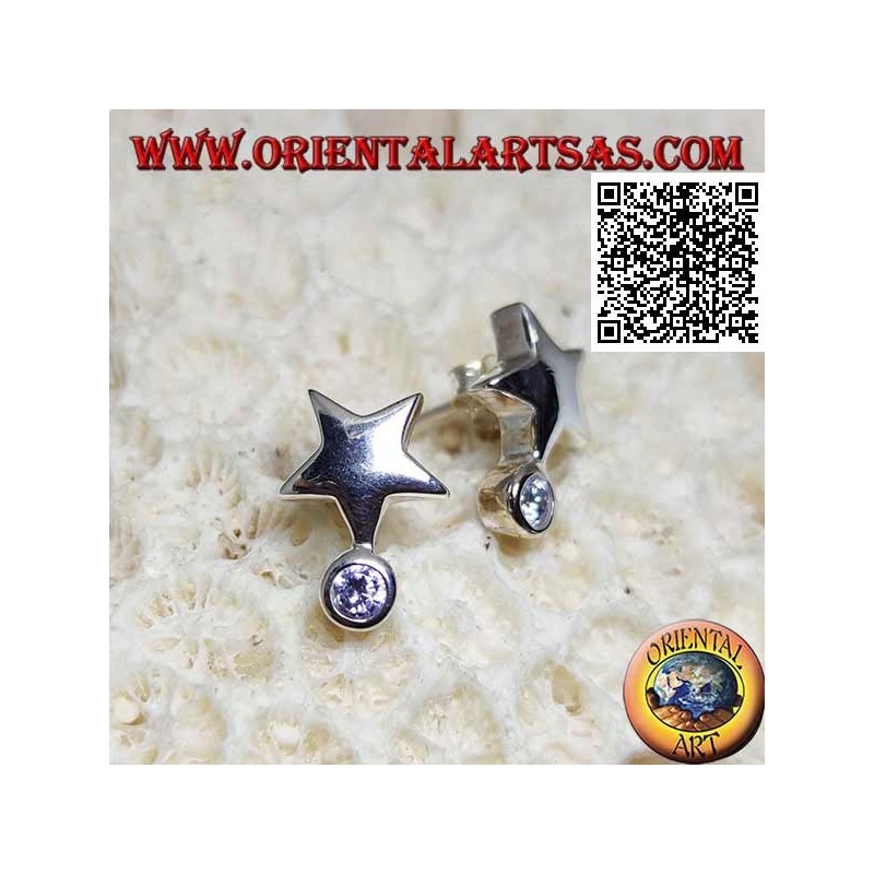 Silver earrings with a smooth and thick star-shaped lobe with a round white zircon underneath