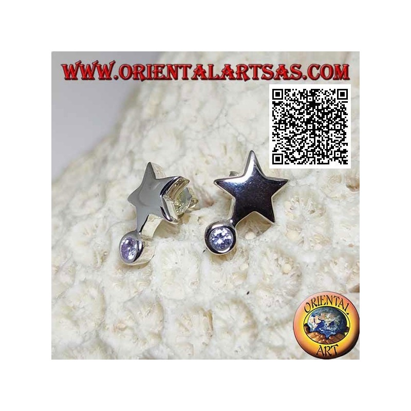 Orecchini in argento da lobo a forma di stella liscia e spessa con sotto un zircone bianco tondo