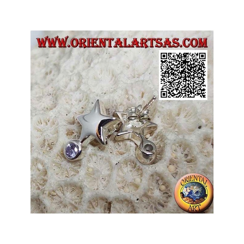 Silver earrings with a smooth and thick star-shaped lobe with a round white zircon underneath