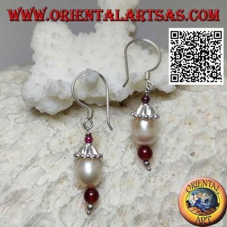 Boucles d'oreilles pendentif chapeau en argent avec perle parmi grenat