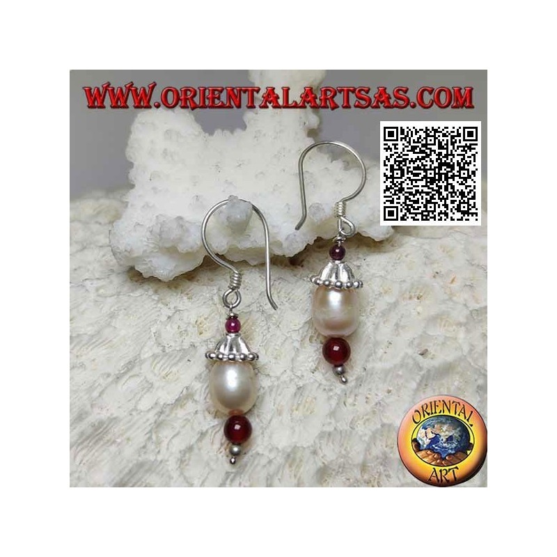 Boucles d'oreilles pendentif chapeau en argent avec perle parmi grenat