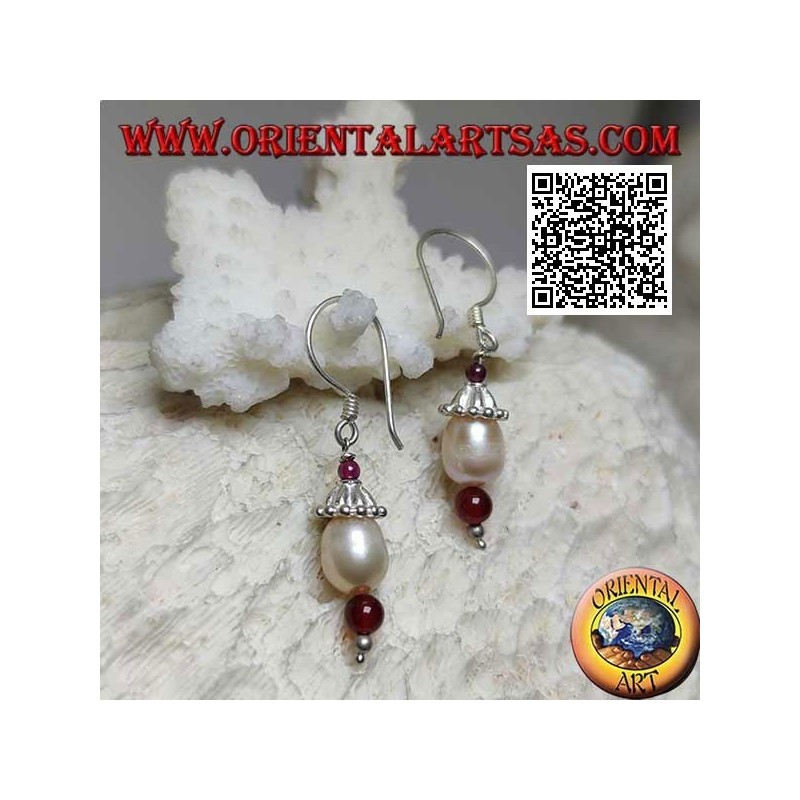 Boucles d'oreilles pendentif chapeau en argent avec perle parmi grenat