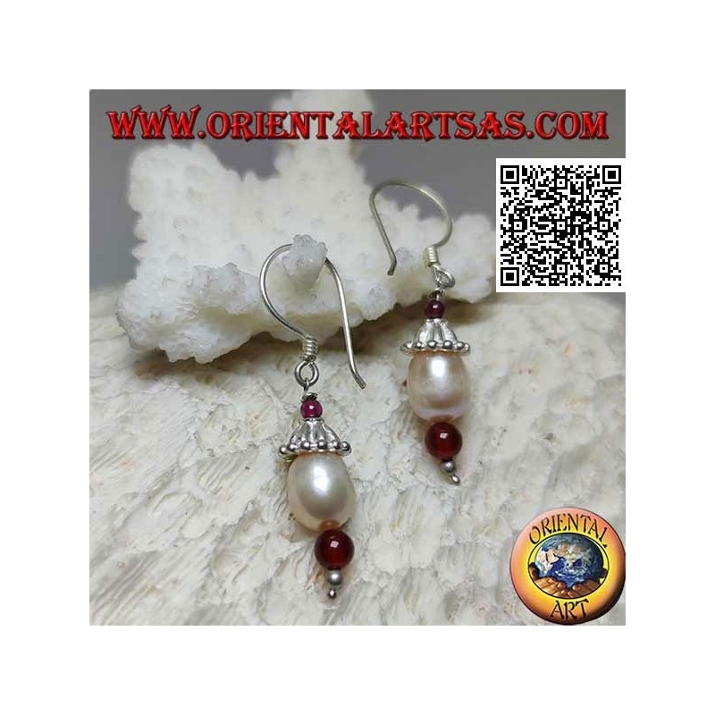 Boucles d'oreilles pendentif chapeau en argent avec perle parmi grenat