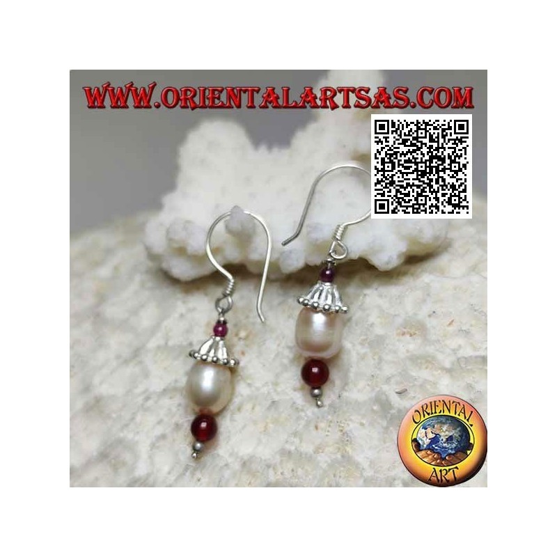 Boucles d'oreilles pendentif chapeau en argent avec perle parmi grenat